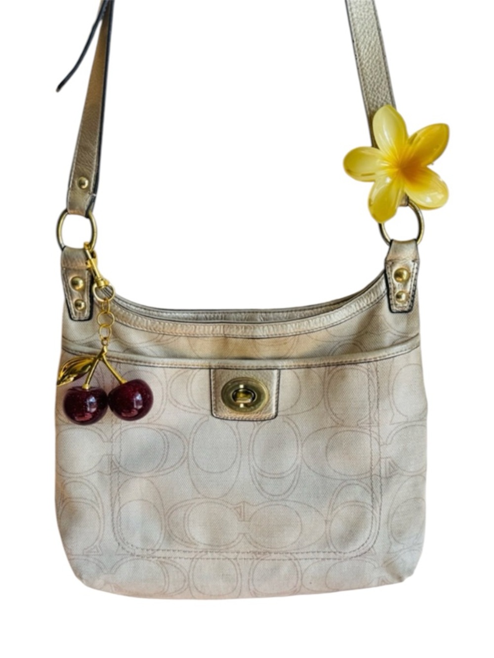 Coach Signature Jacquard Turnlock Crossbody Hobo Bag Y2K Vintage Cream Sparkly